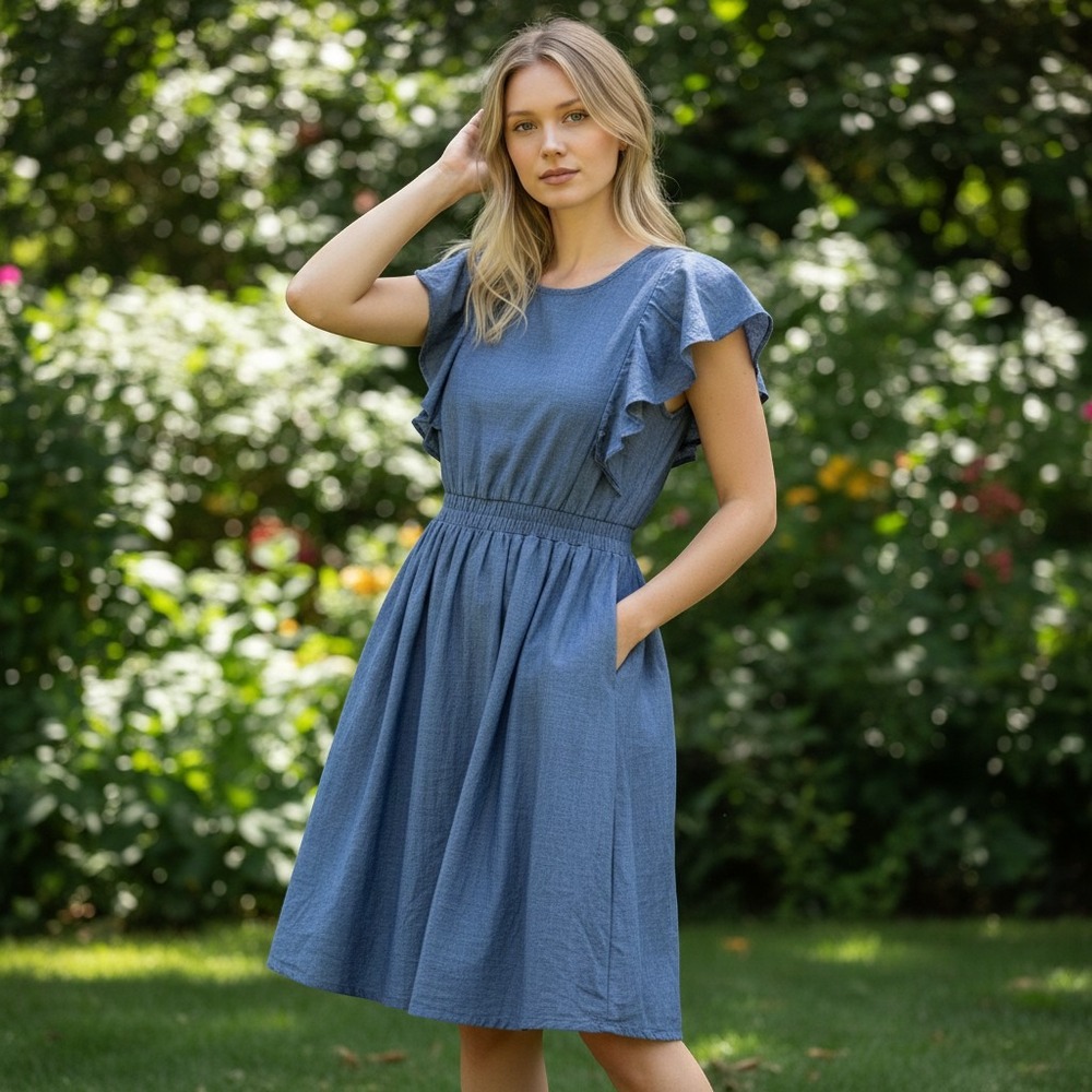 A New Day Flutter Sleeve Dress XL Blue Excellent Midi Elastic Waist Pocket